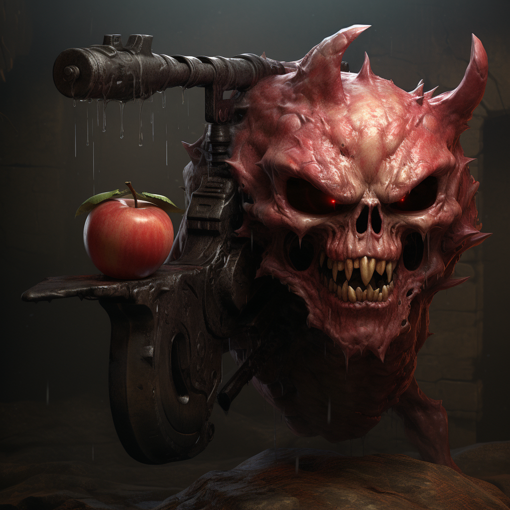 Apple-shaped cave demon holding shotgun