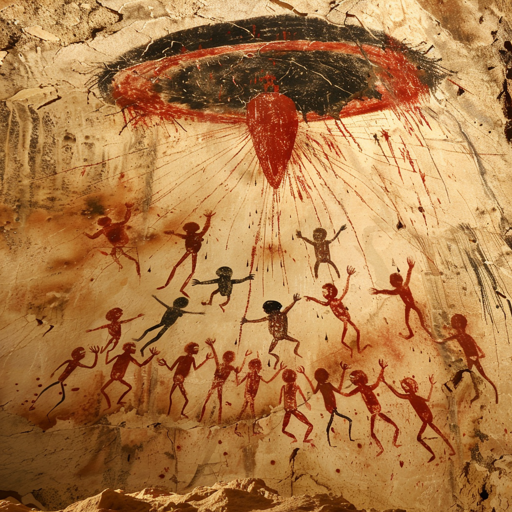 Ancient cave painting falling spaceship