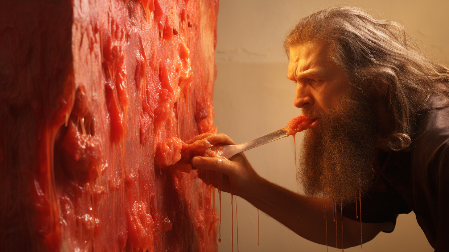 Caveman nailing jello to wall