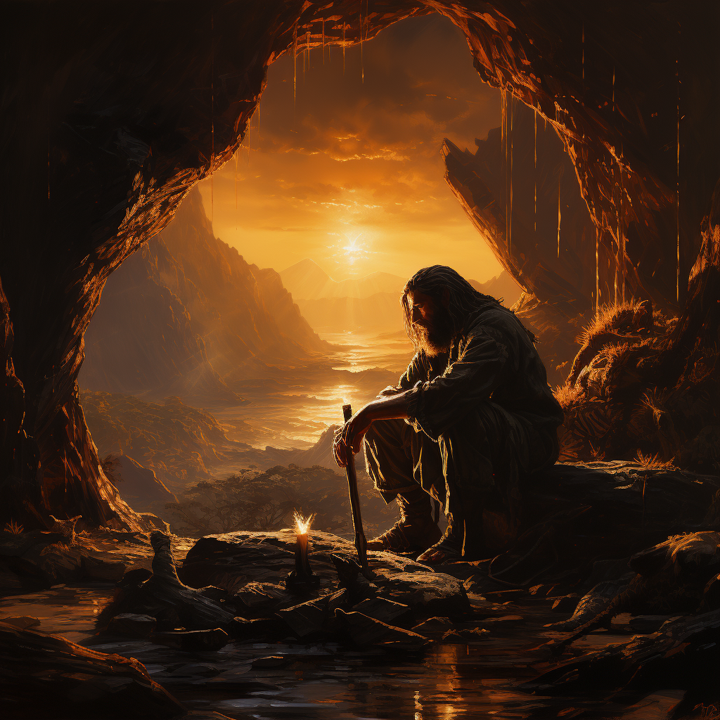 Caveman in dimly lit cave with stone tool