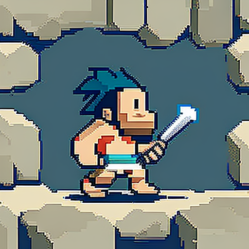 Cute caveman leaving cave with spear