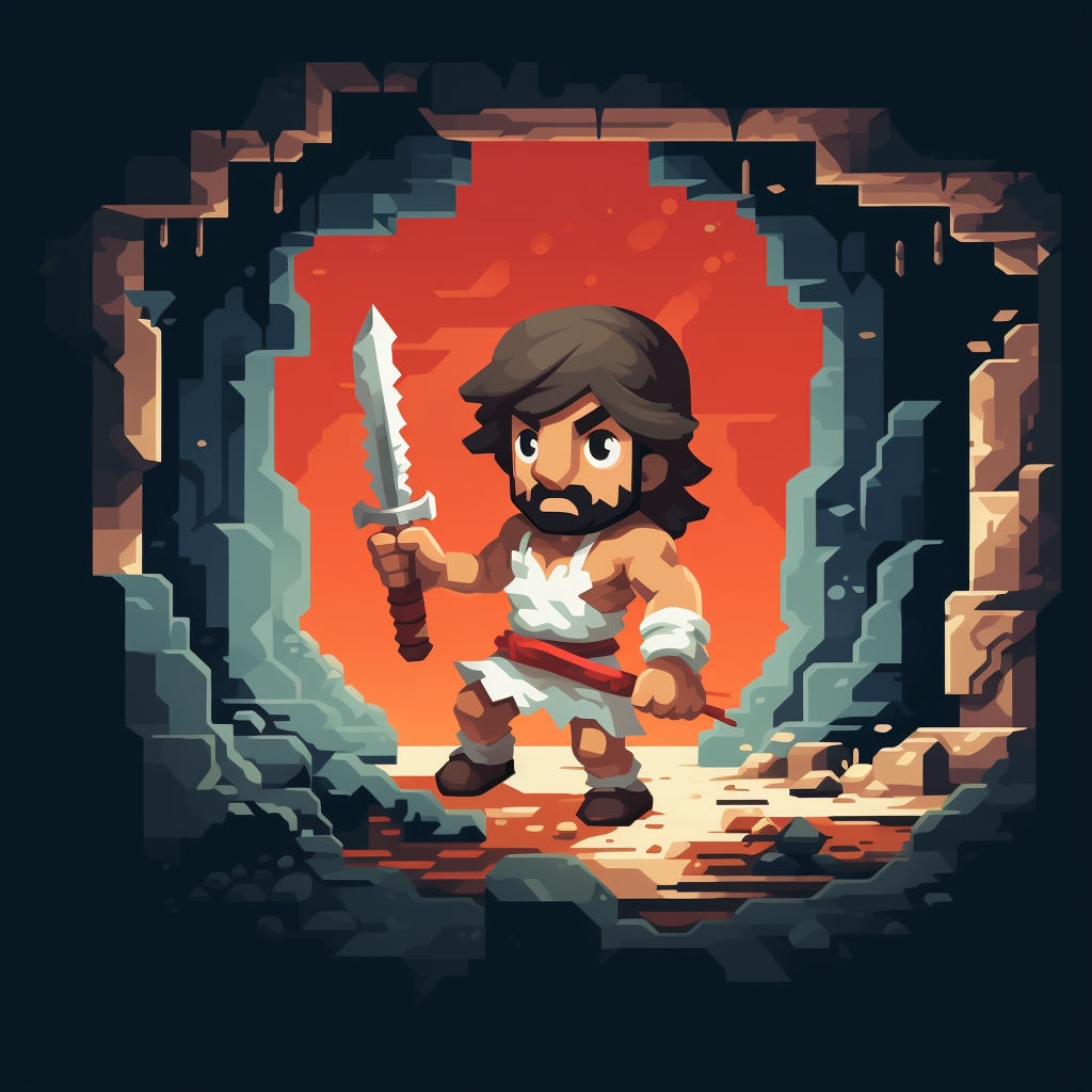 Cute caveman carrying spear leaving cave