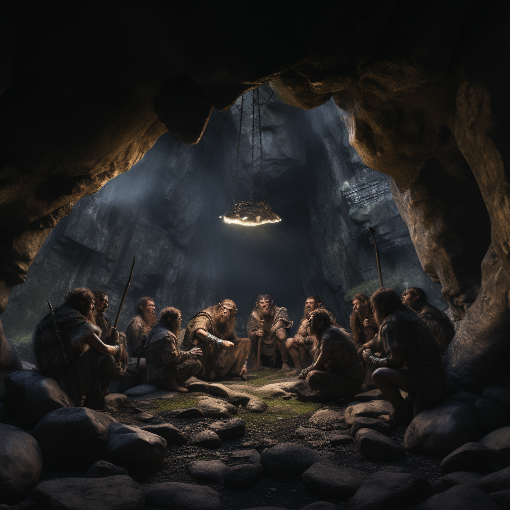 Cavemen gathering in dark cave