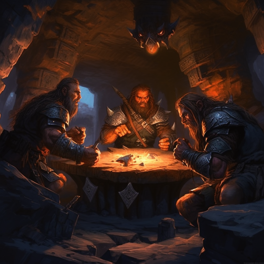 Cavemen playing game of dungeons and dragons