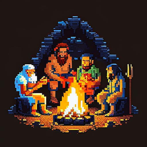 Cavemen sitting around bonfire