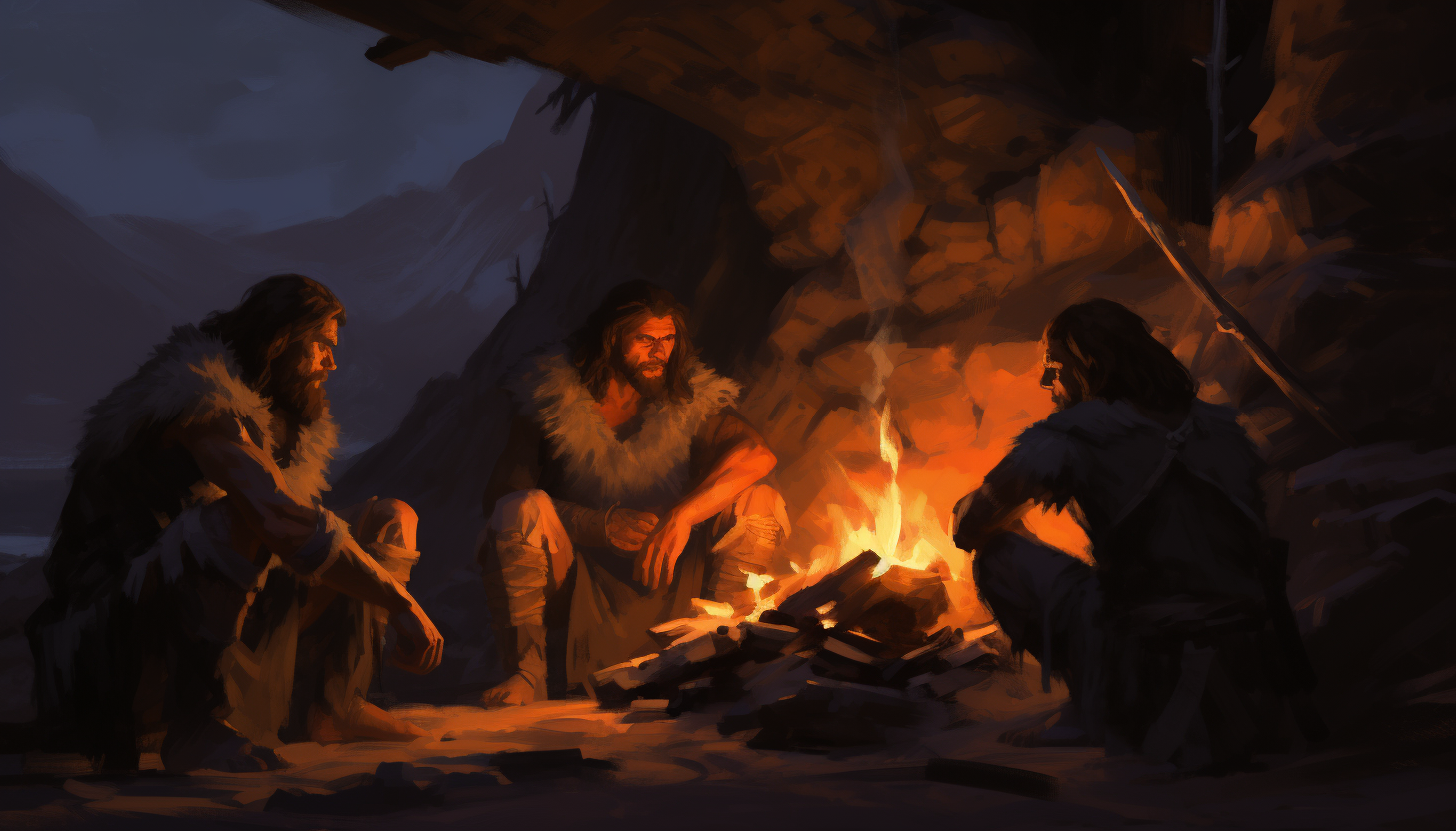 Cavemen Sitting Around Fire with Shadows