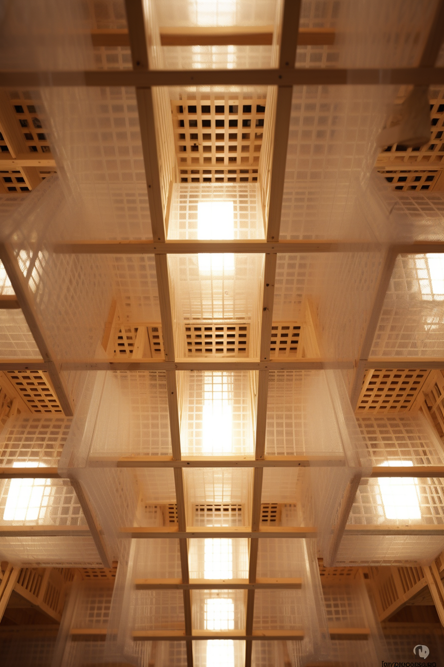 Ceiling with Wooden Beams and White Light