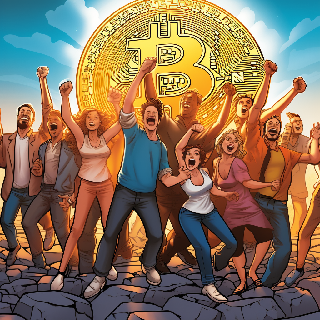 People celebrating around bitcoin logo