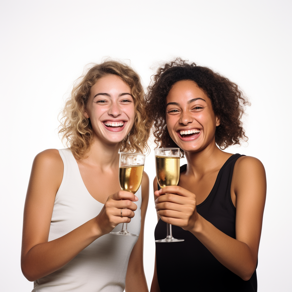 Two joyful girls toasting with champagne