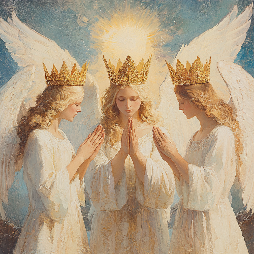 Ethereal angels giving golden crowns