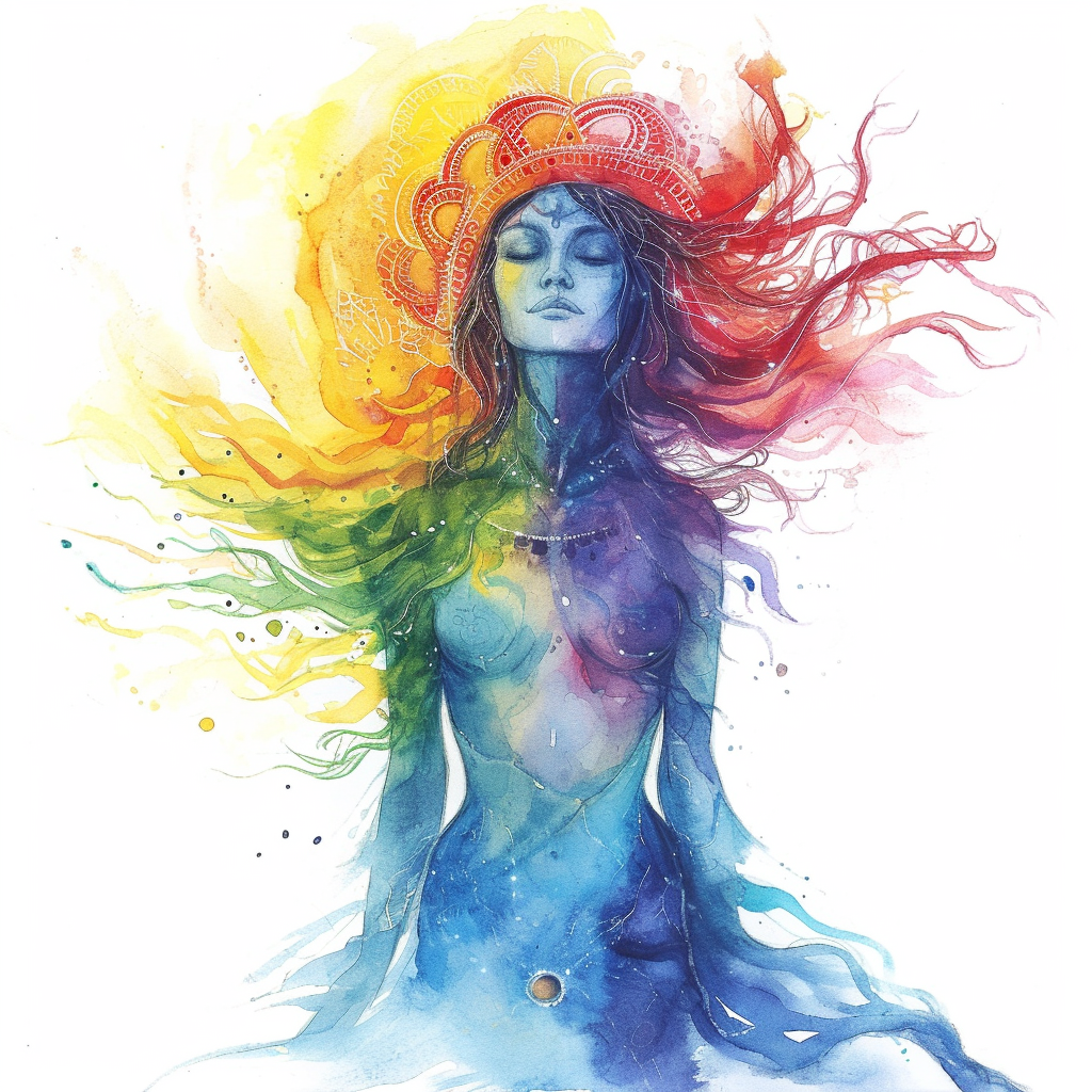 Watercolor Clipart of Celestial Goddess in Chakra Colors