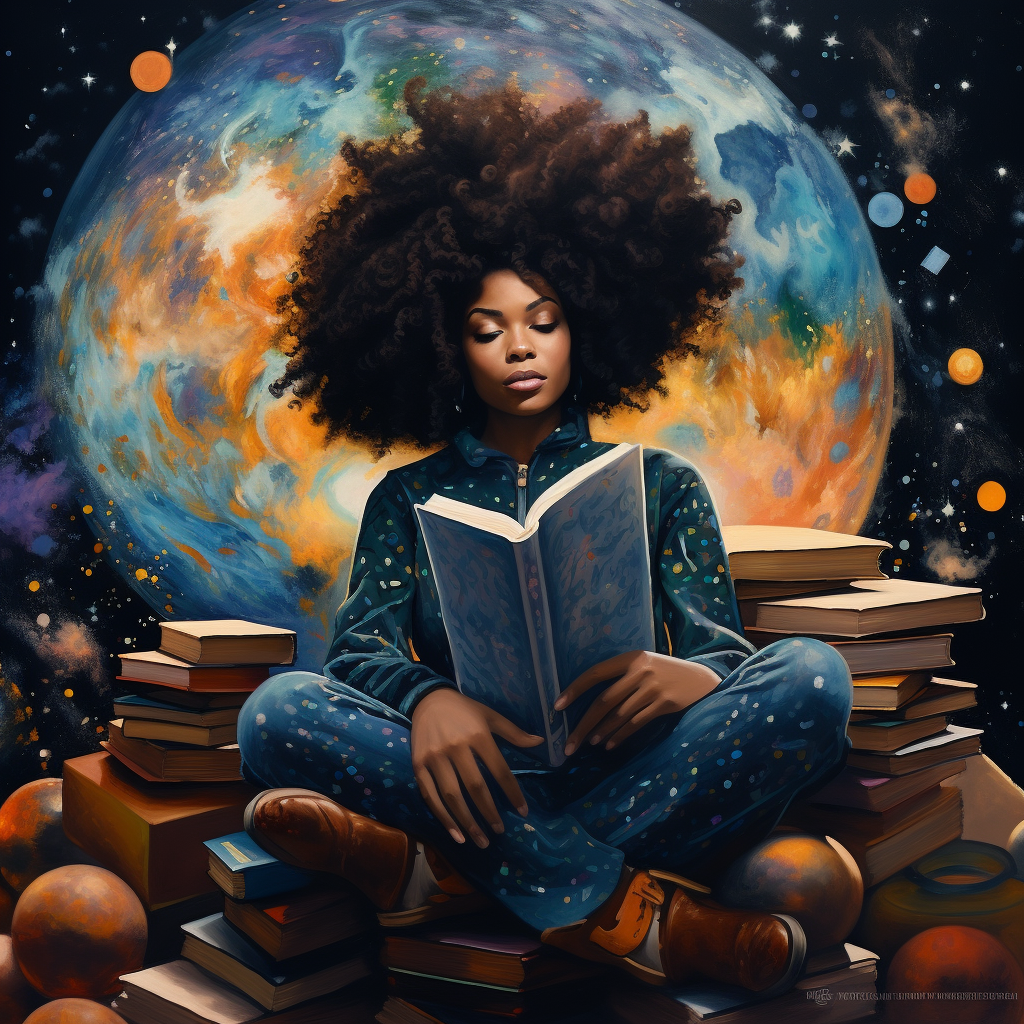 Beautiful black woman surrounded by celestial pop art books