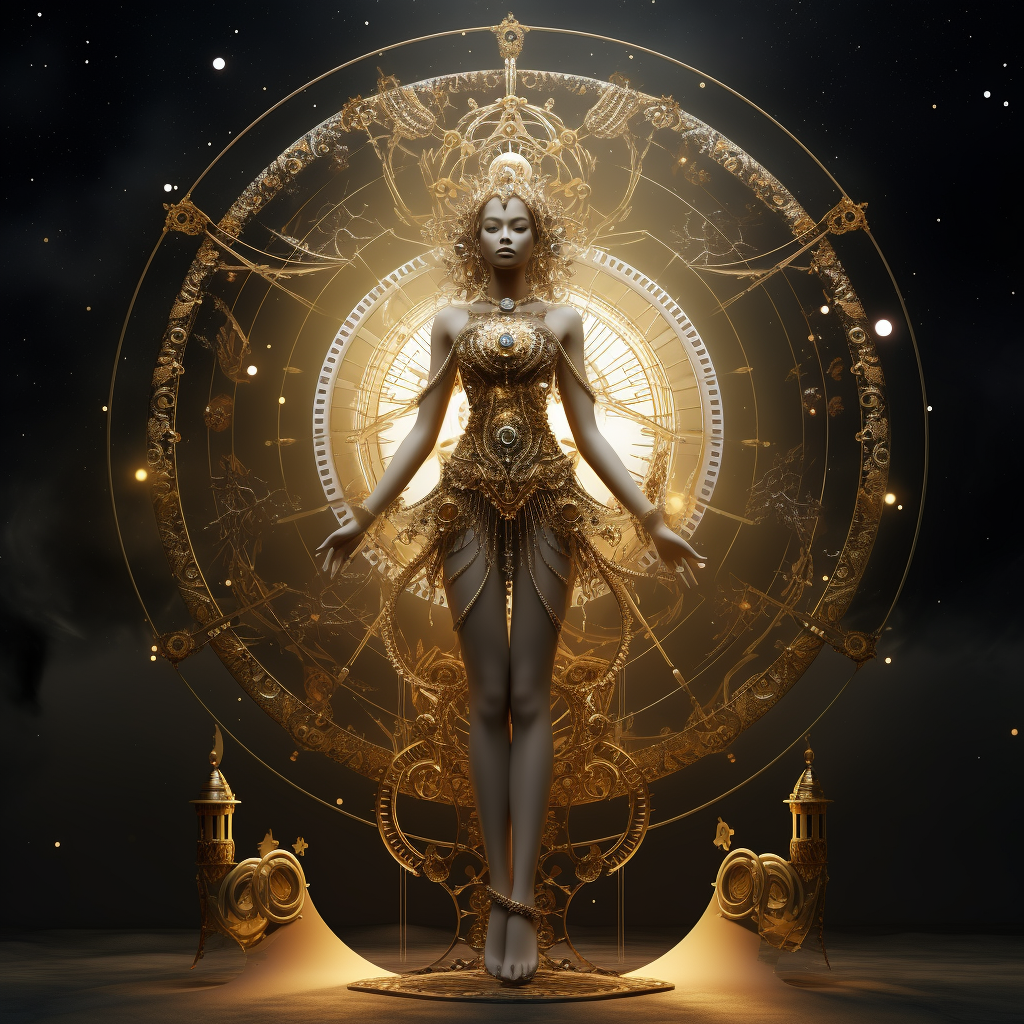 Beautiful astral goddess with gold jewelry