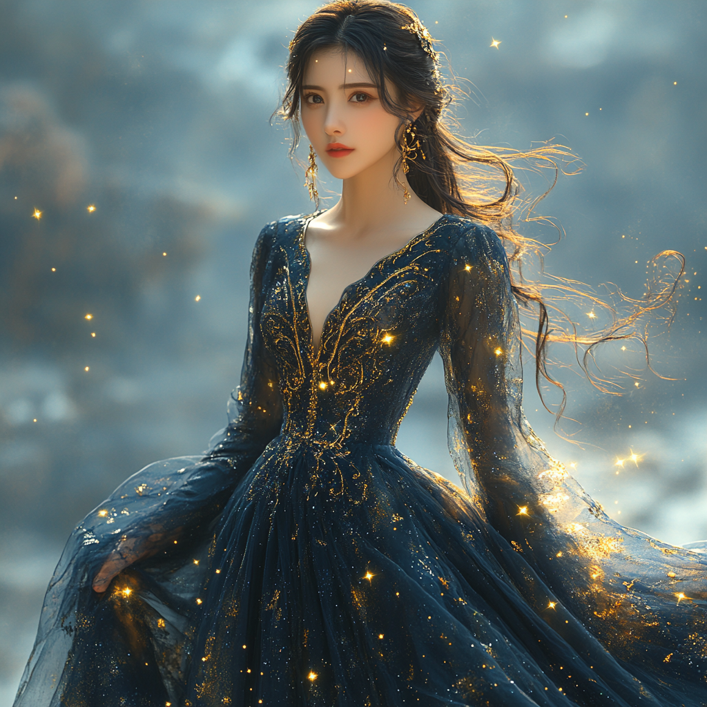 celestial woman in navy blue gown