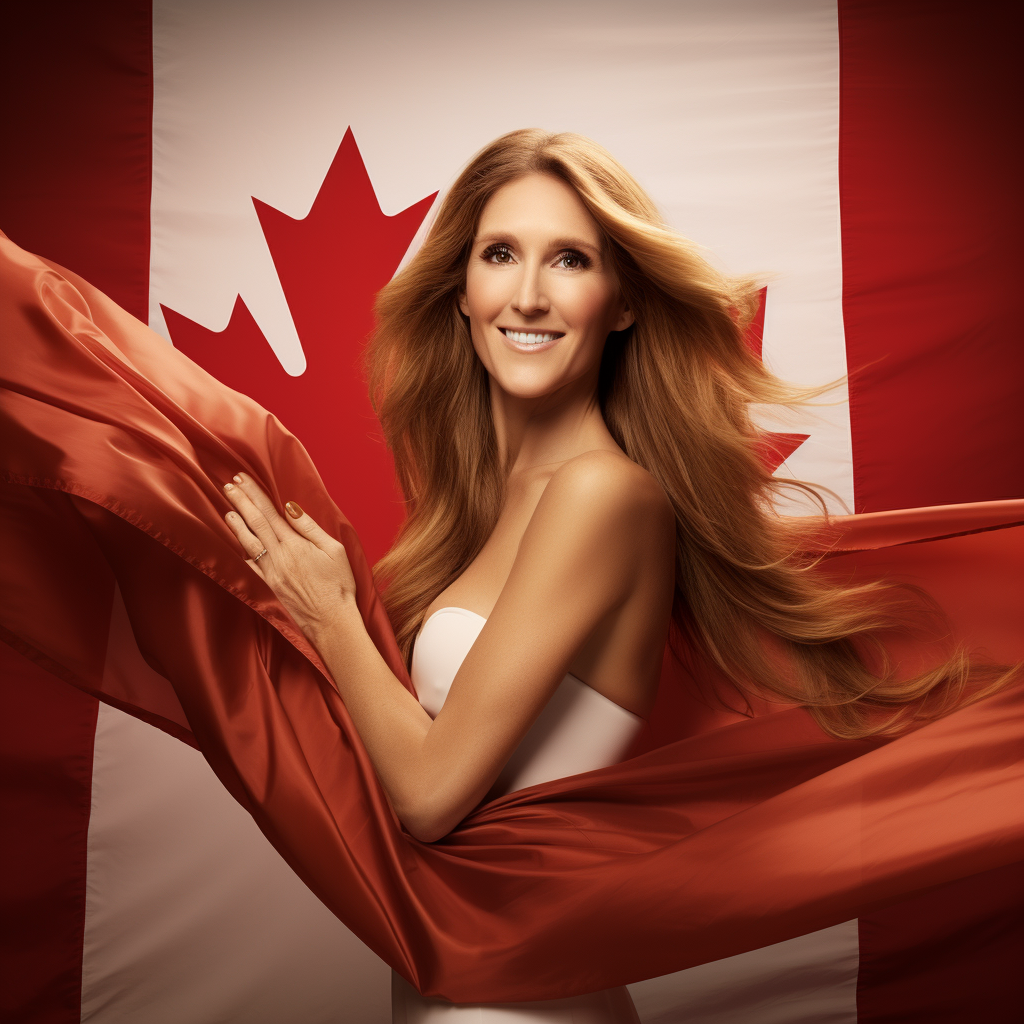 Celine Dion smiling in Canadian flag backdrop