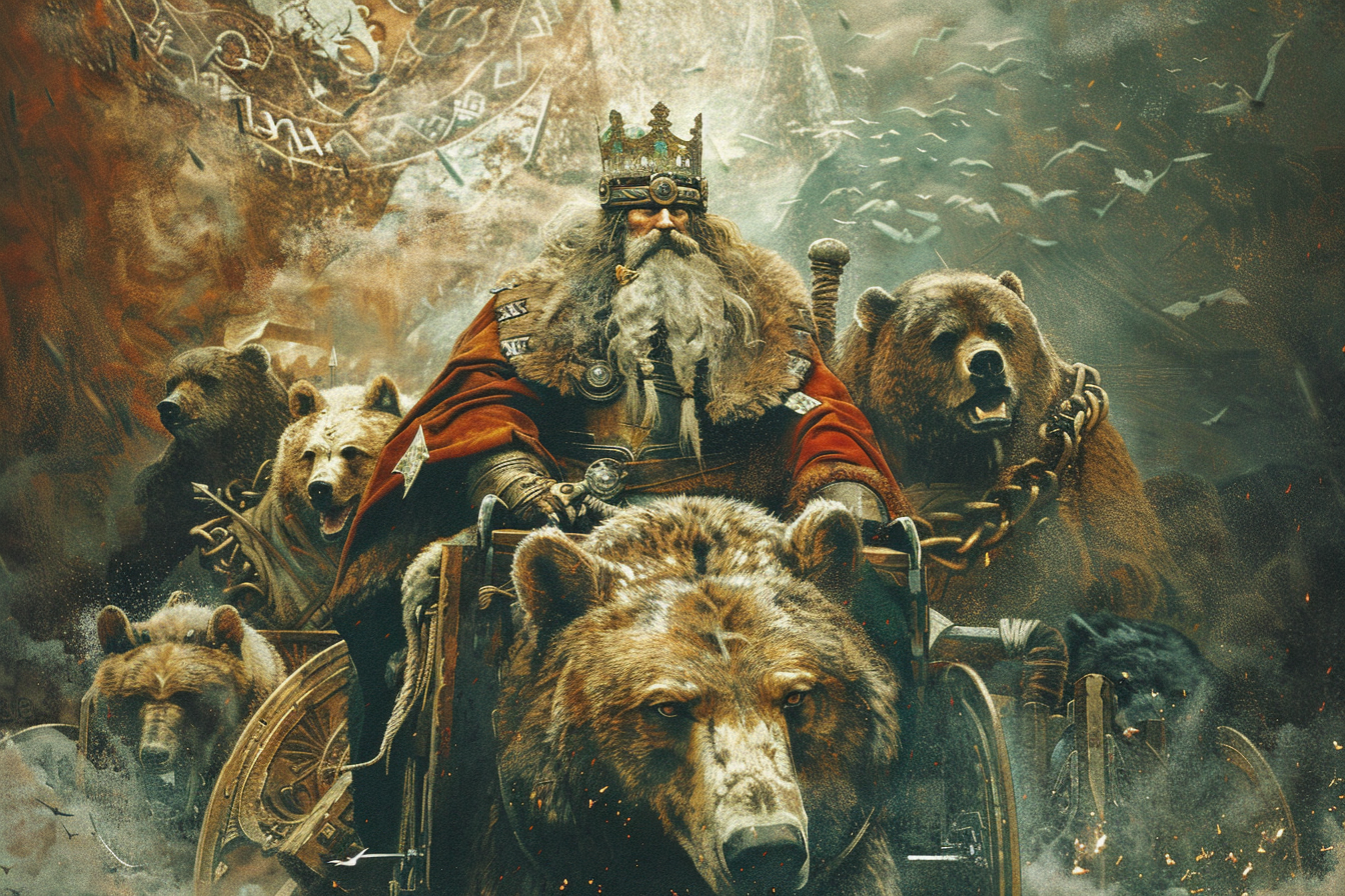 Celtic King on Chariot with Grizzly Bears