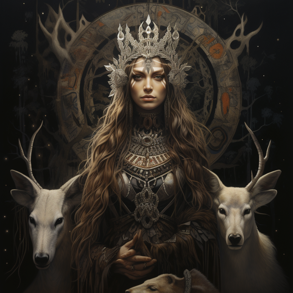 Celtic shamanistic goddess with antlers, bones, and a wolf