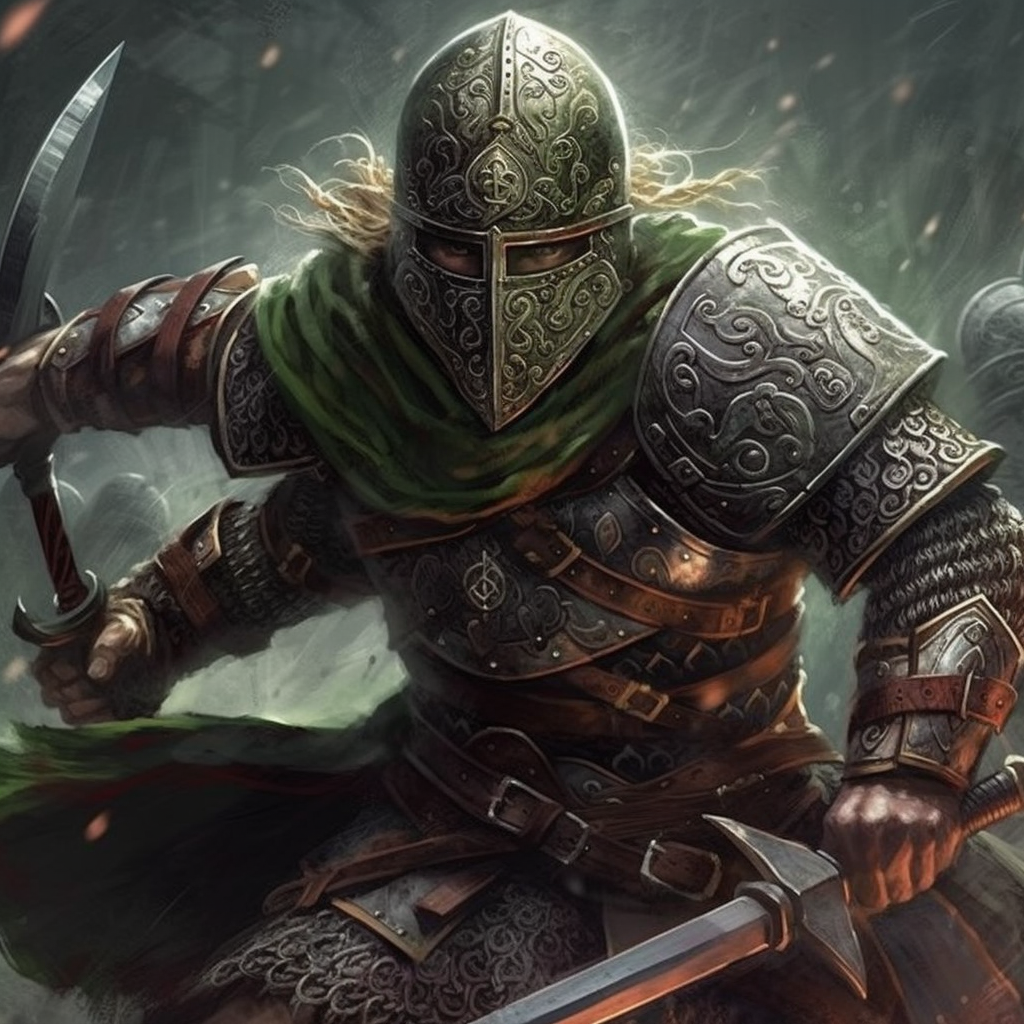 Celtic warrior wielding broadsword in green armor