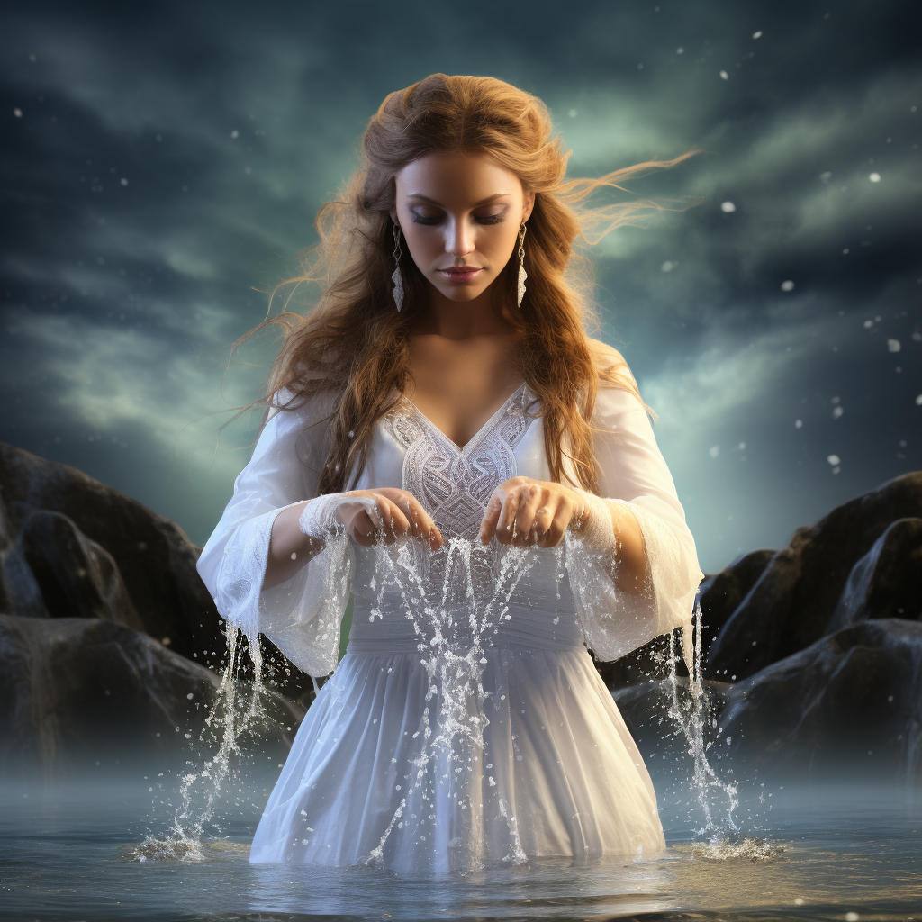 Celtic woman controlling water in white clothes