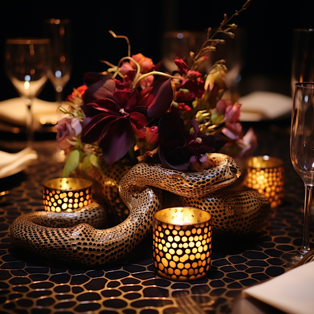 Elegant centerpieces on snakeskin pattern