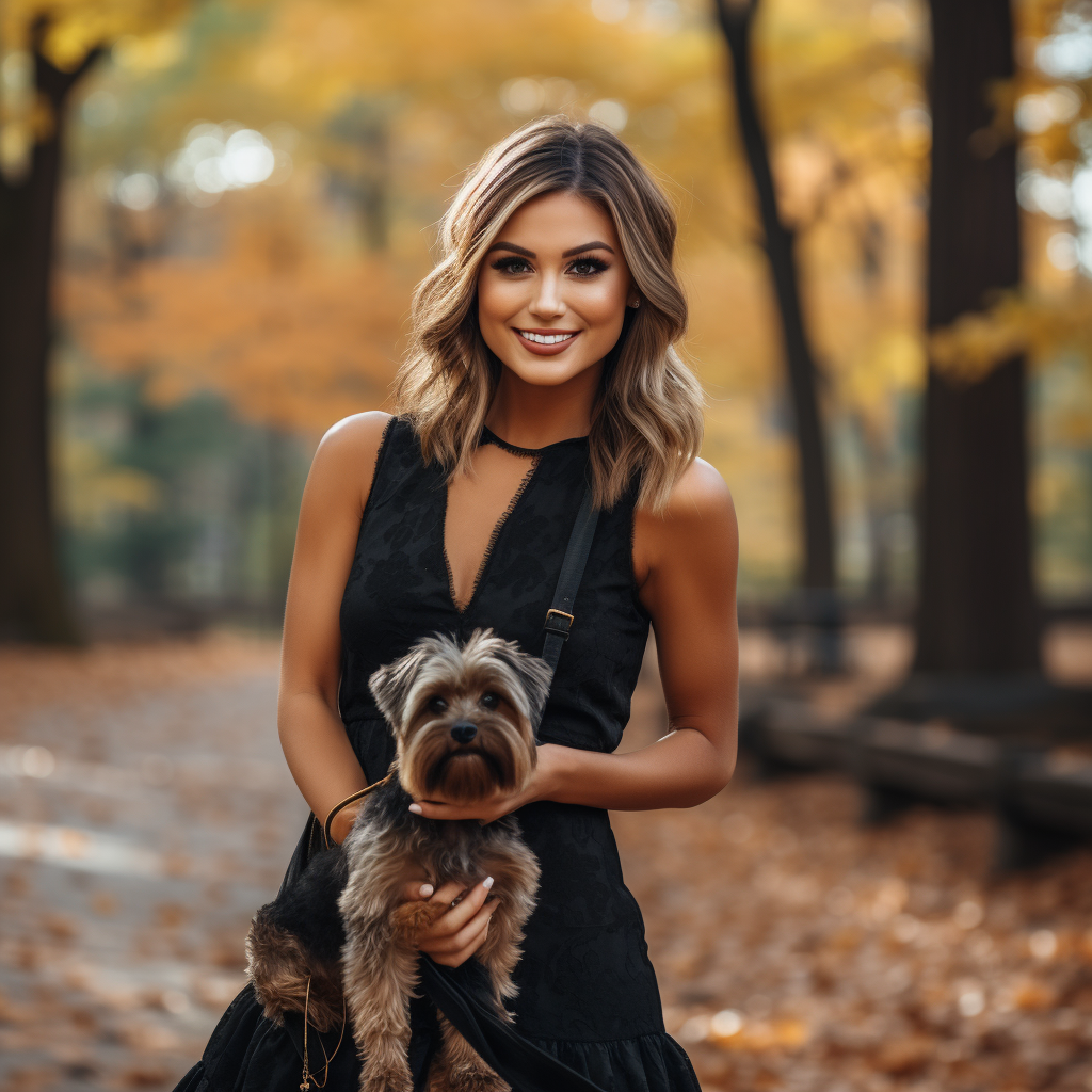 Smiling woman holding leash to Yorkie dog in Central Park