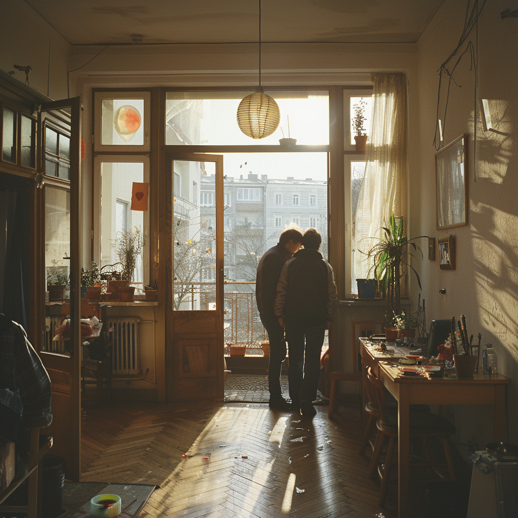 Couple entering apartment in morning sunlight