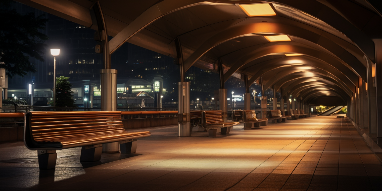 Photorealistic shot of central metal platform with bright lights