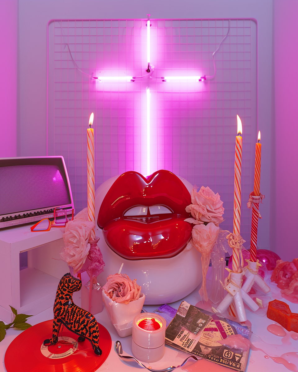 Ceramic Altar Sculpture with Red Lips and Neon Cross