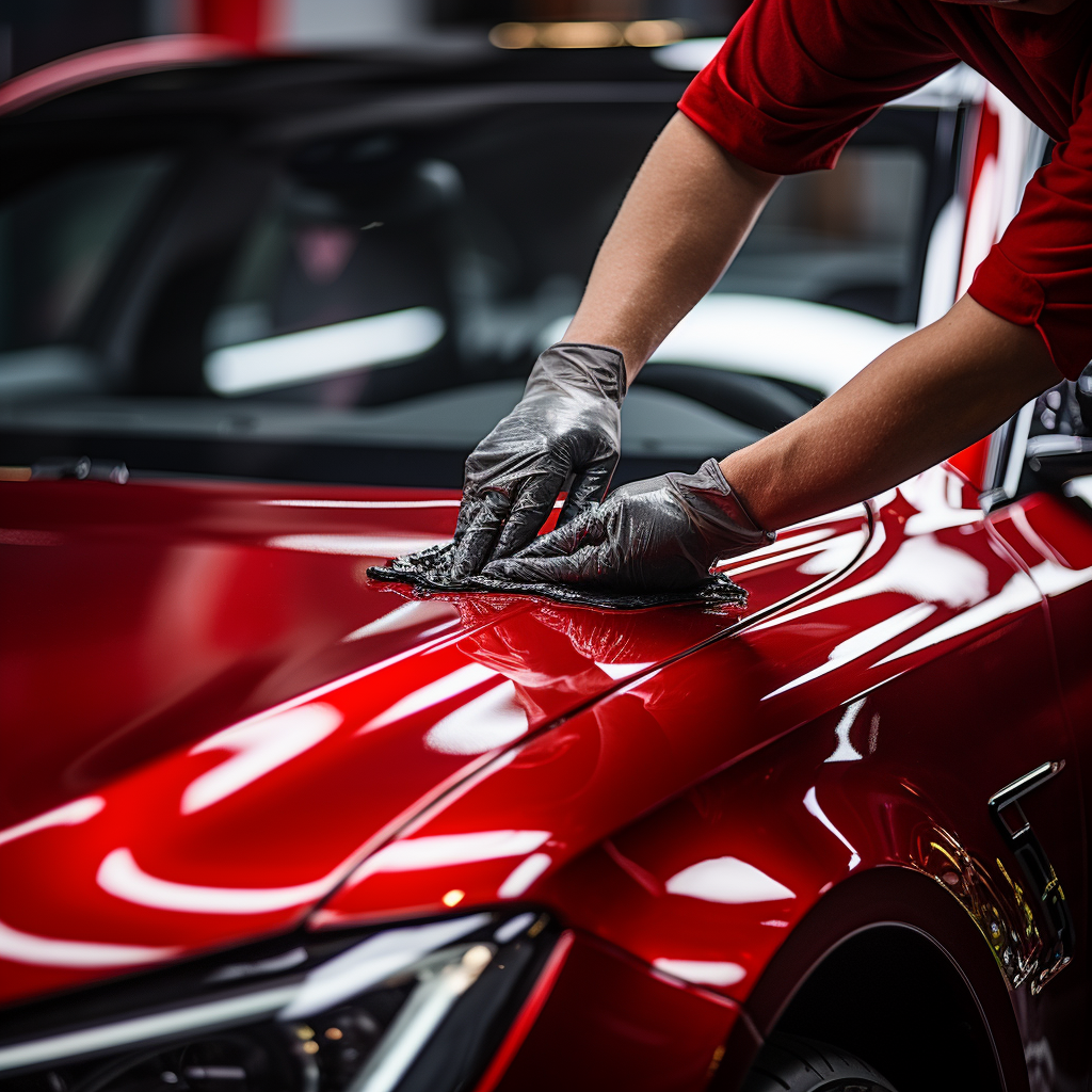 Hands applying ceramic coating to car