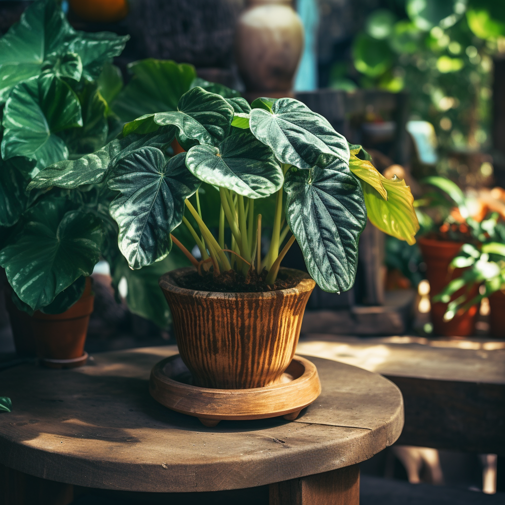 Realistic photo of a ceramic flower pot with Alocasia