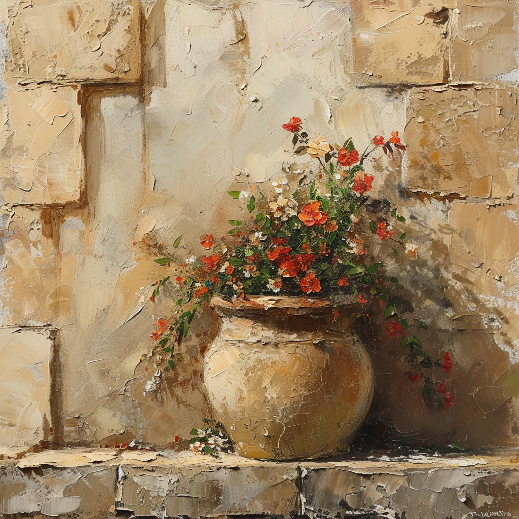 Ceramic pot with flowers on stucco wall ledge