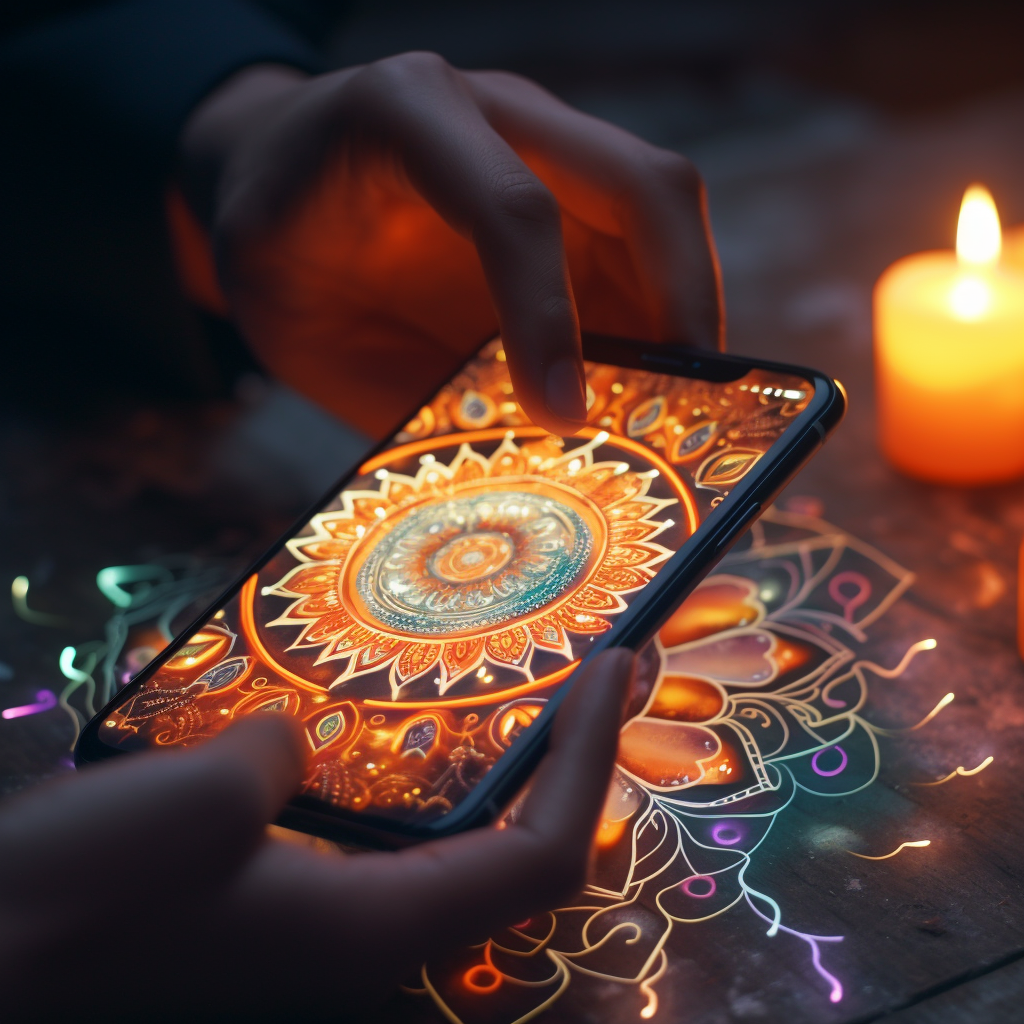 Smartphone capturing ceremony with candles and mandala