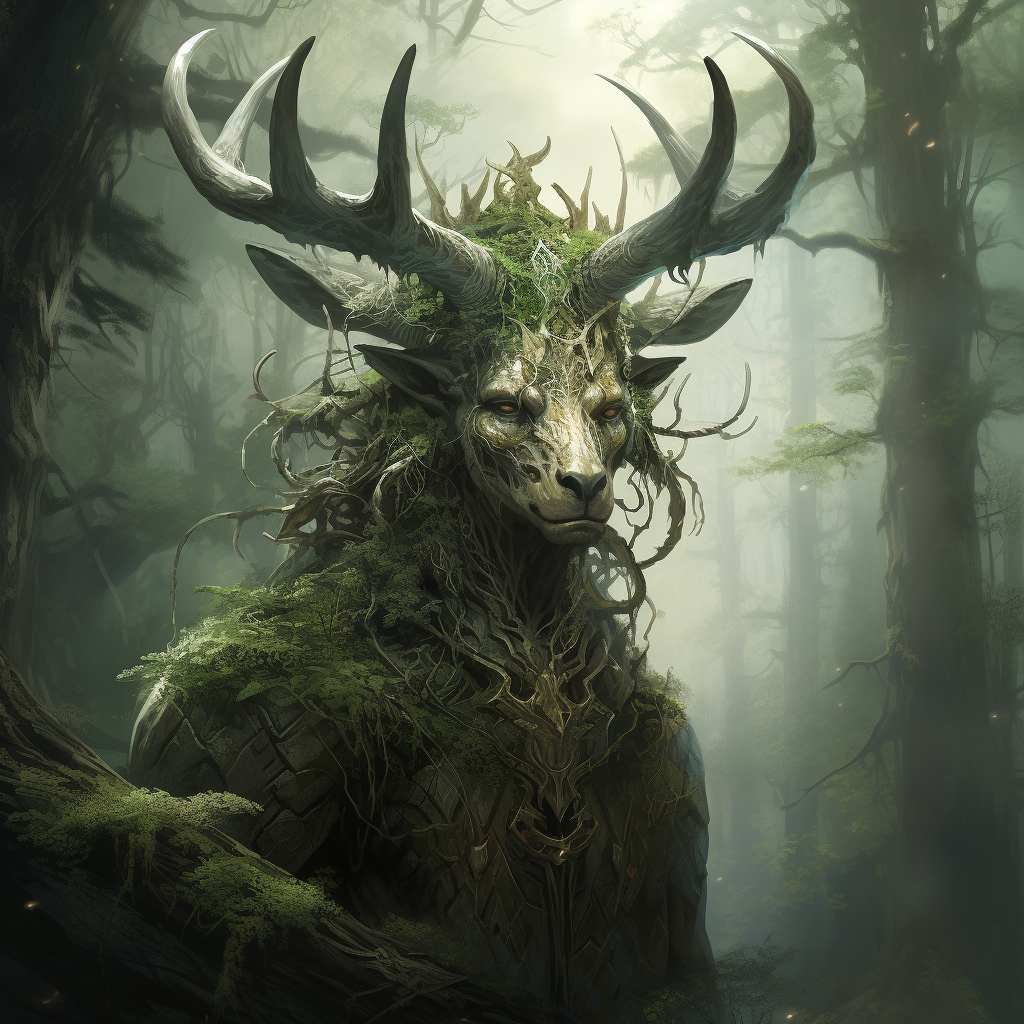 Elaborate horned forest god in twilight clearing