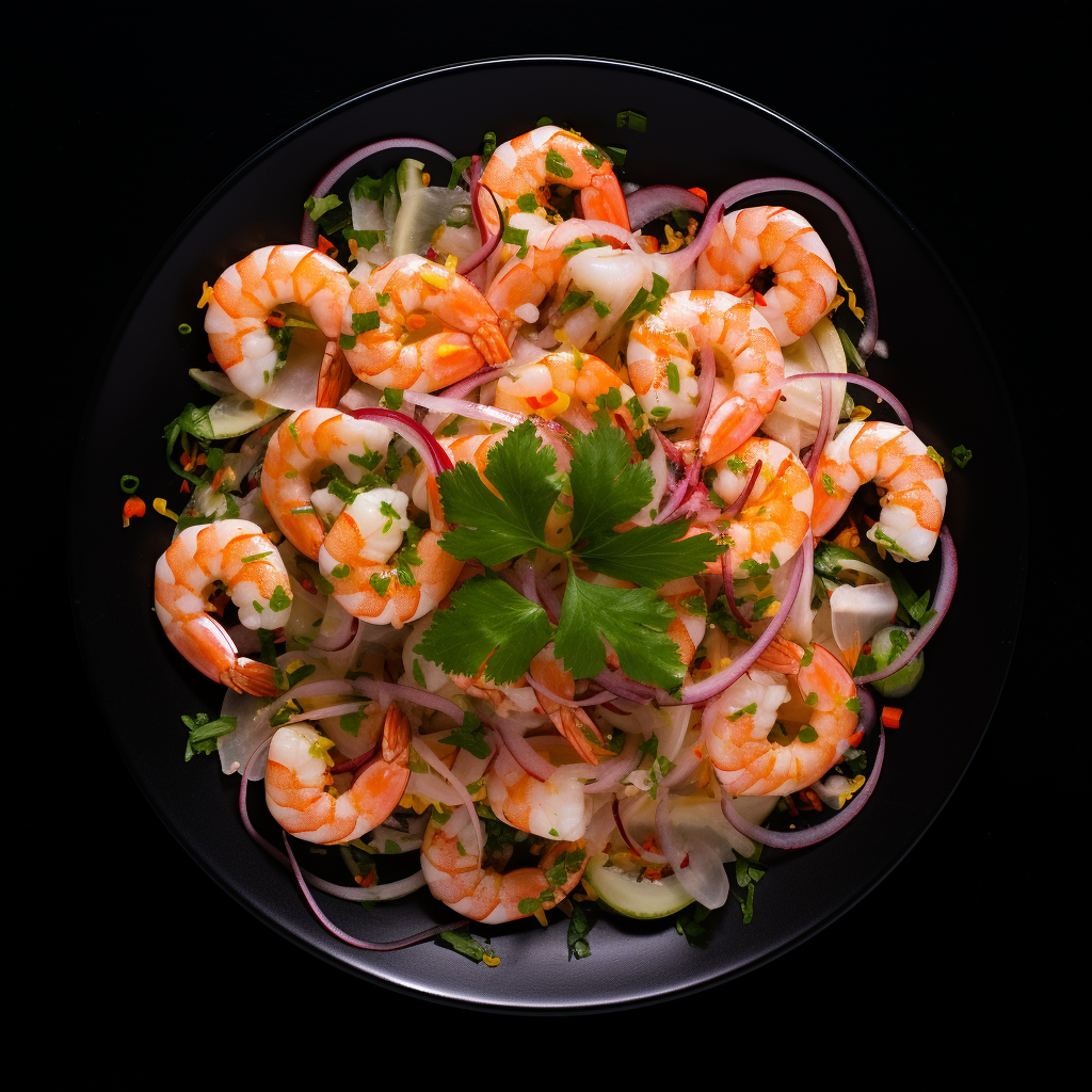 Freshly made ceviche shrimp on black background