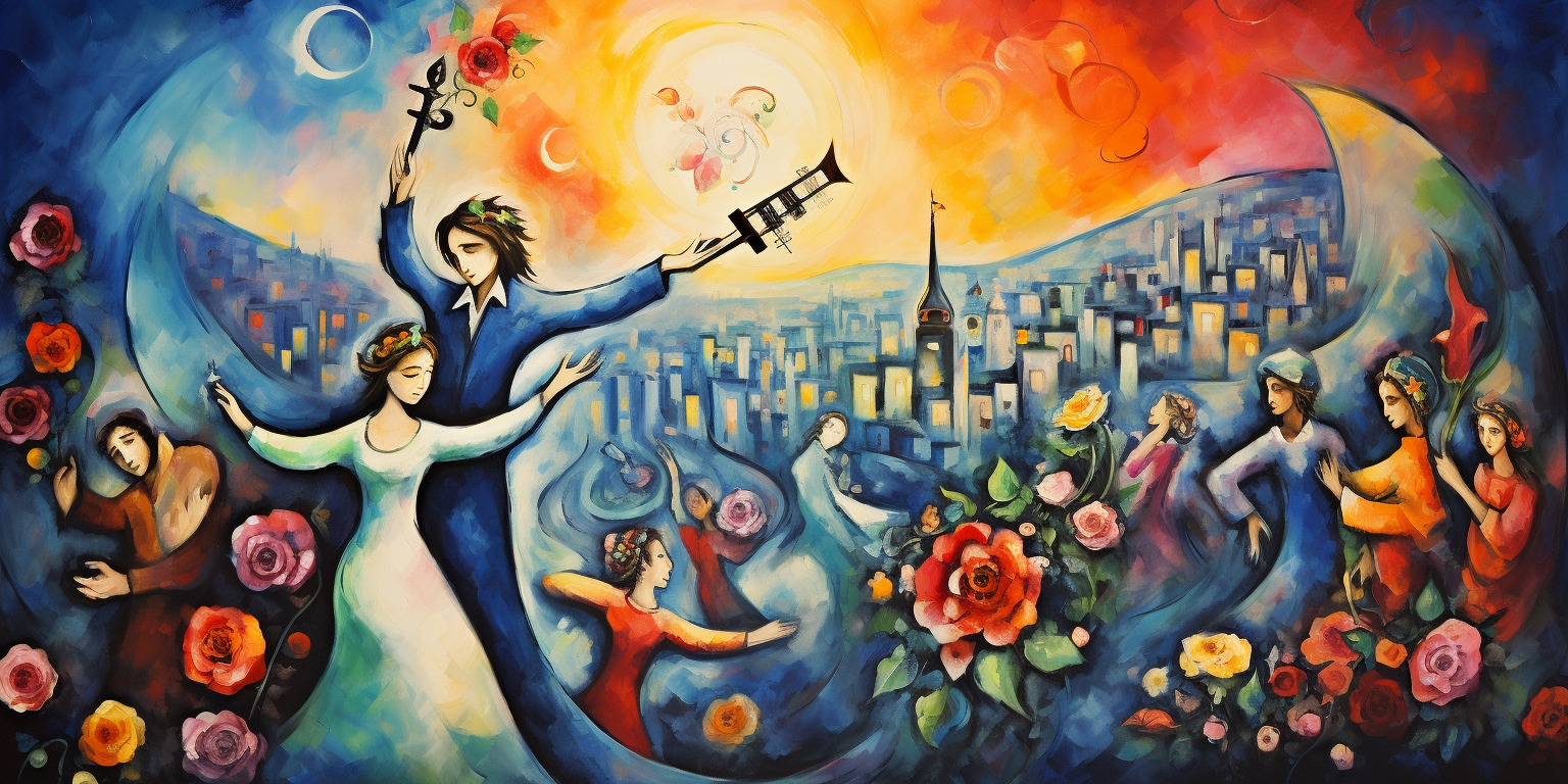 Colorful Chagall-style celebration of life