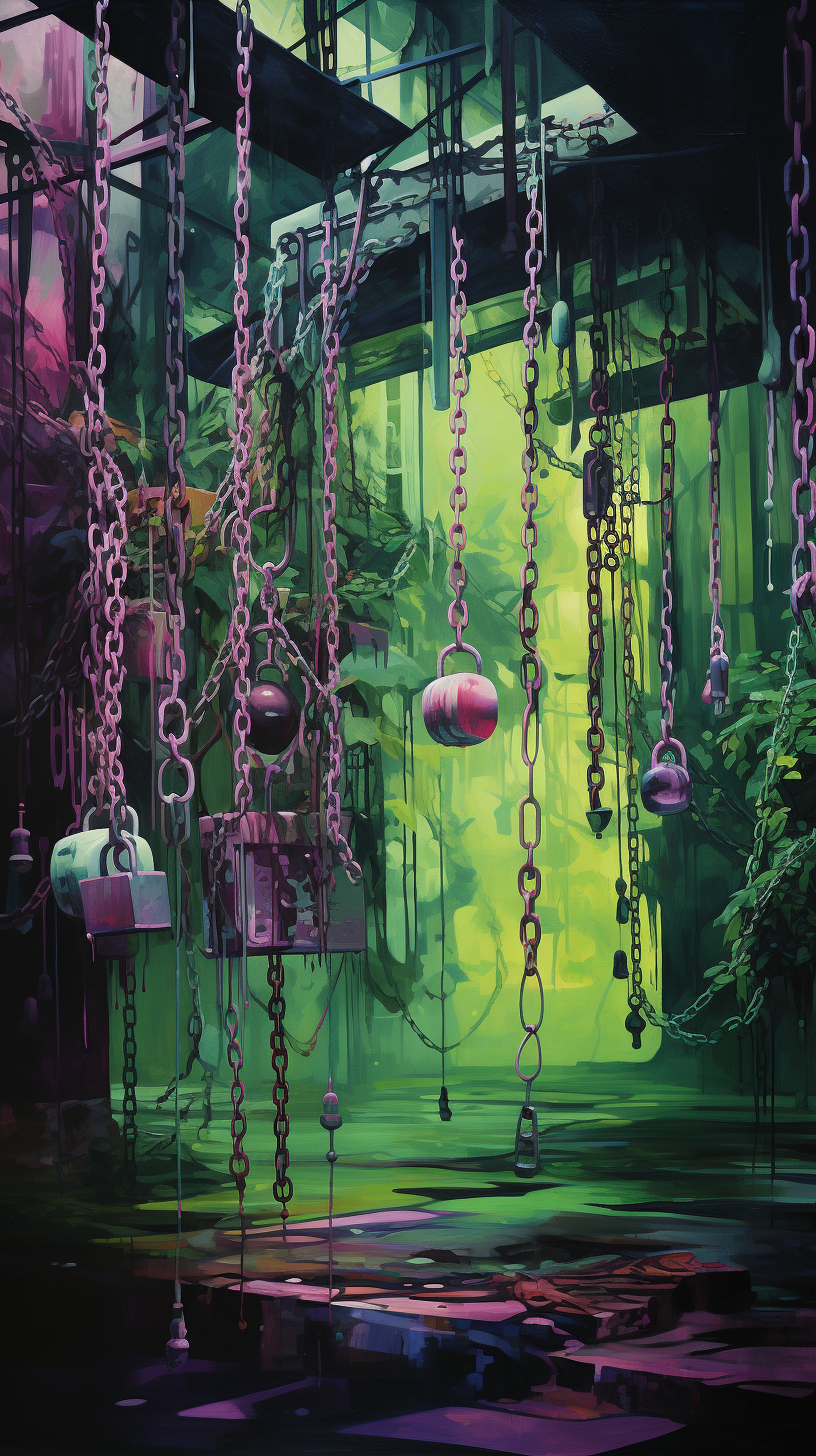 Colorful chained up paintings