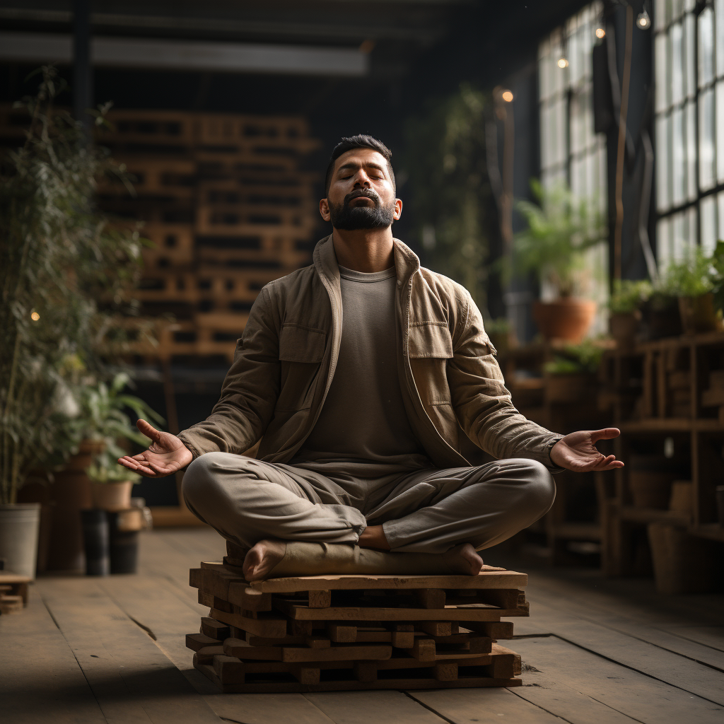 Man performing chair-supported yoga pose