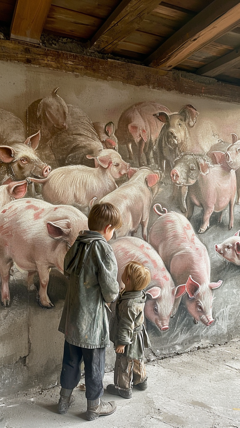 Chalk Drawings in Farm Barn with Girl, Boy, Pigs