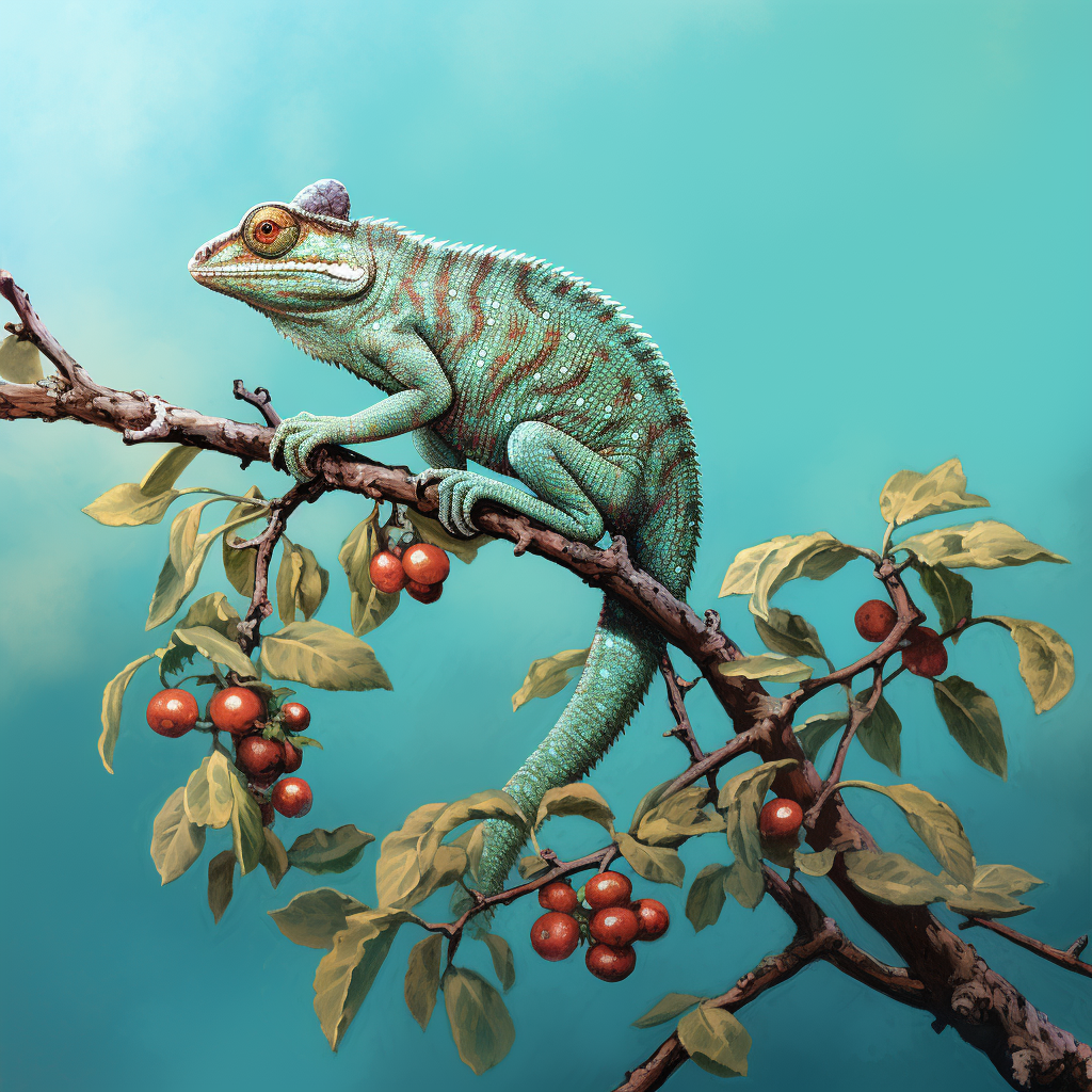 Illustration of a colorful chameleon on a branch