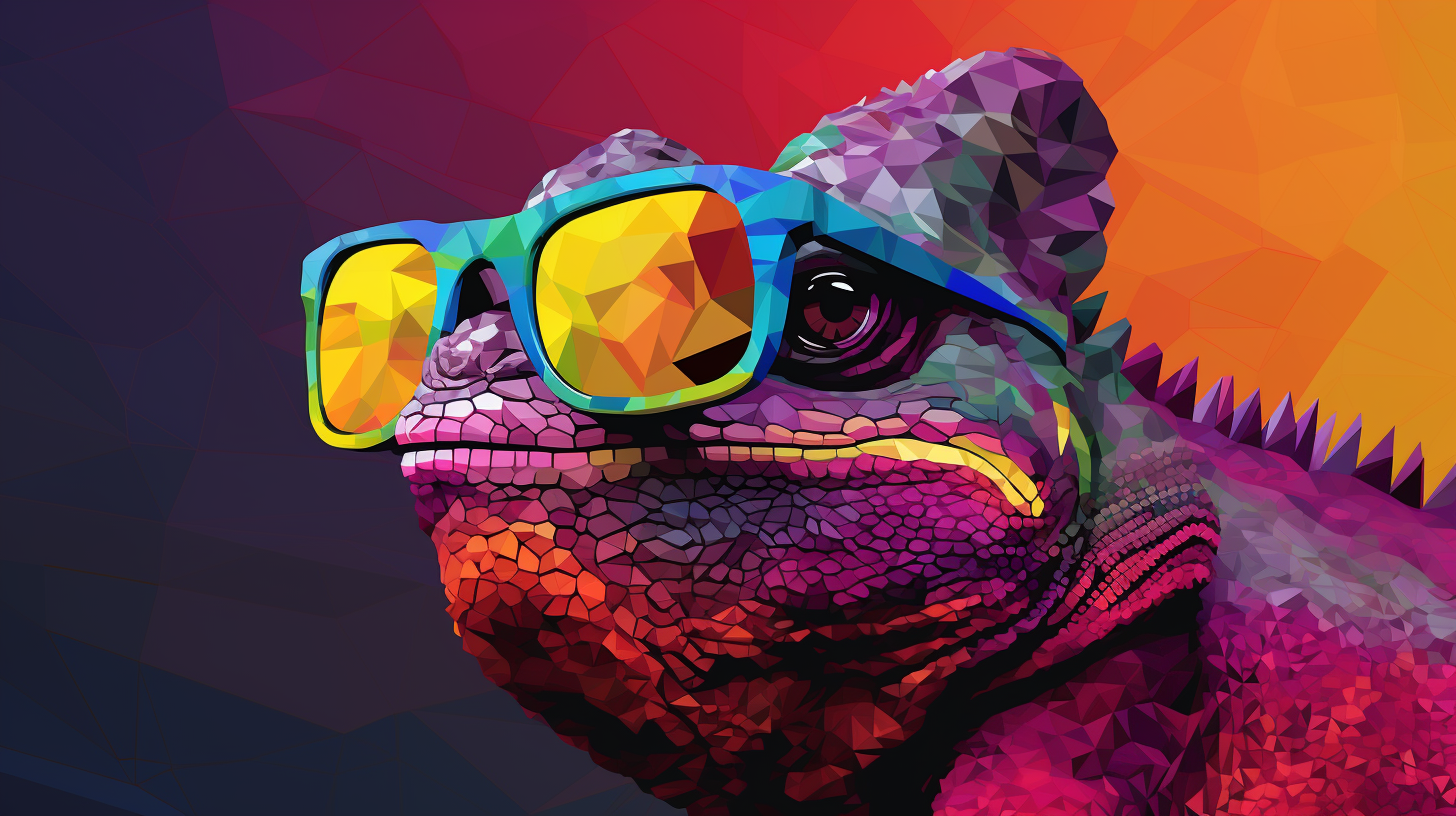 Cool chameleon wearing sunglasses on solid color background