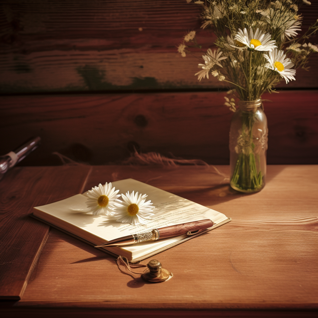 chamomile flower on wooden desk