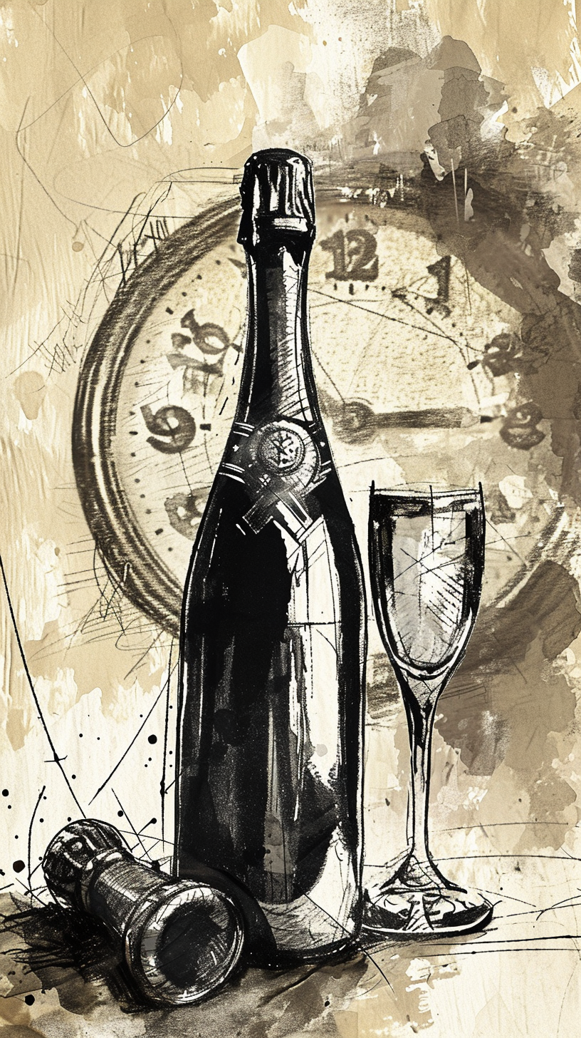 Illustration of champagne bottle and clock for New Year's