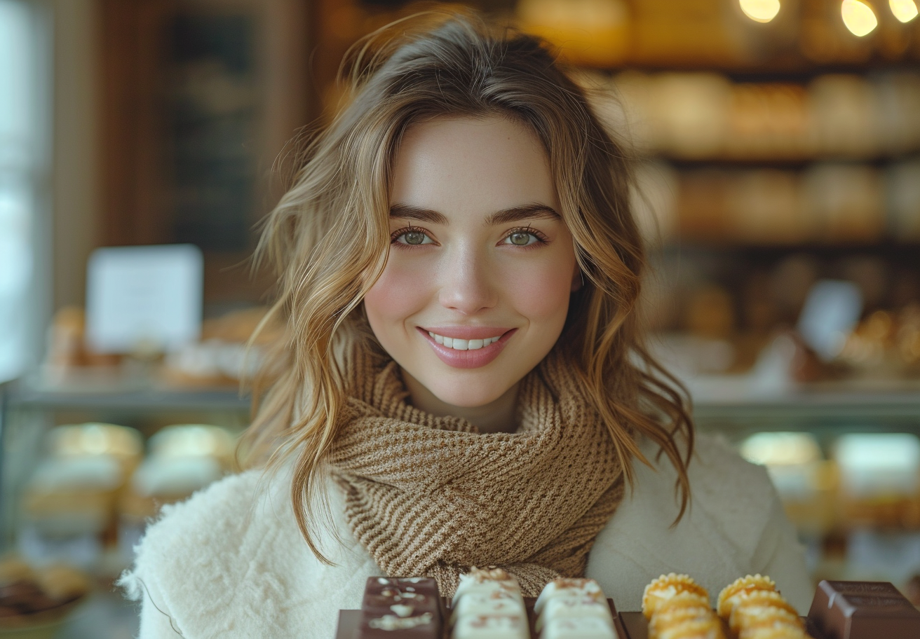 Woman receiving box of chocolate in office