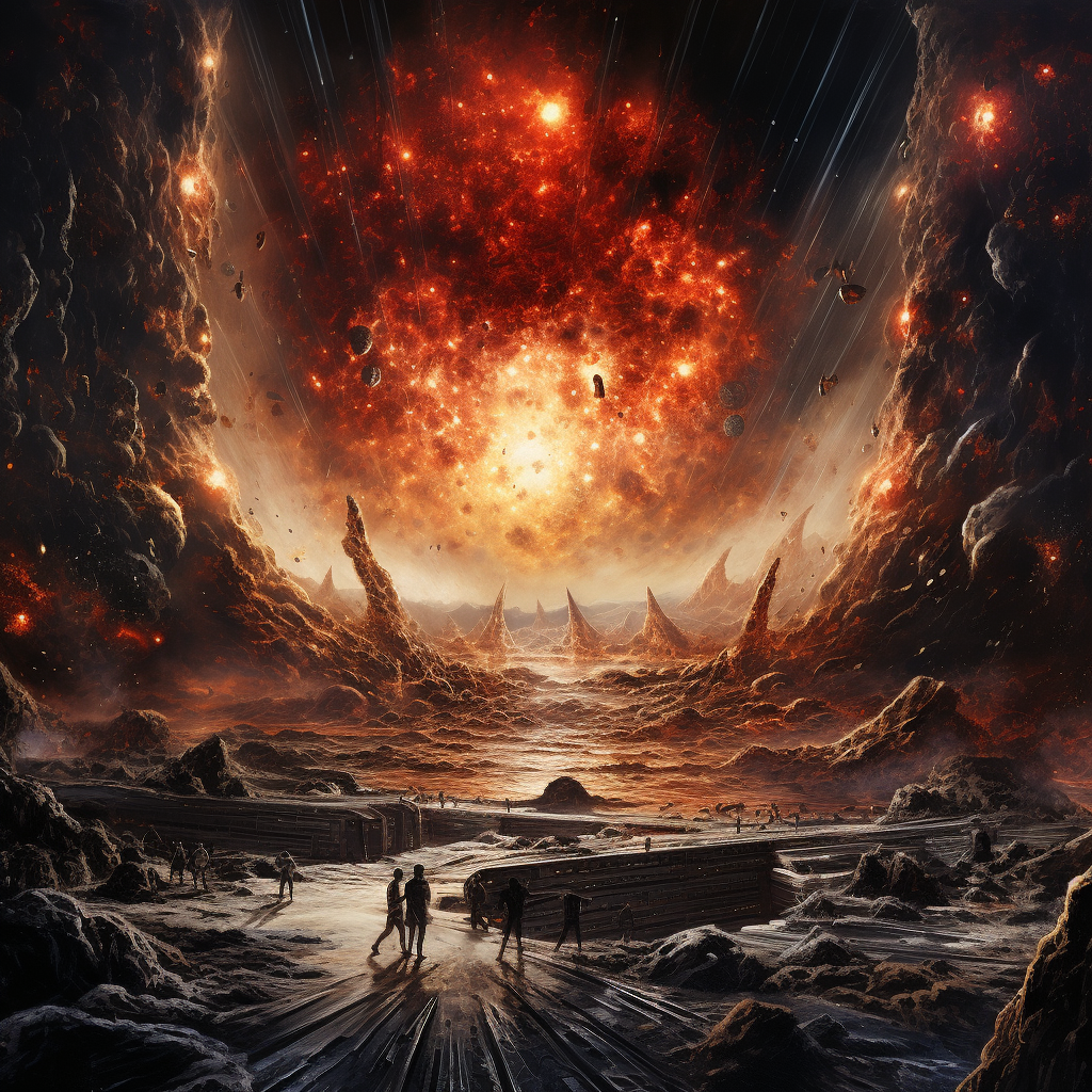 Chaotic scene with explosions, holes, lasers, lava, and debris