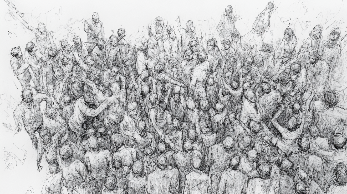 Rough chaotic pencil sketch of crowded people