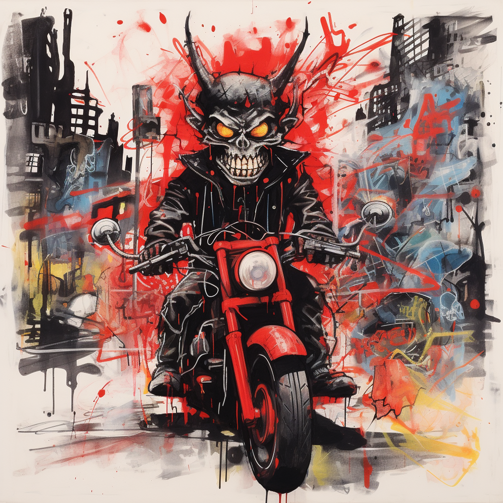 Image of a chaotic punk city with a demon riding a motorcycle