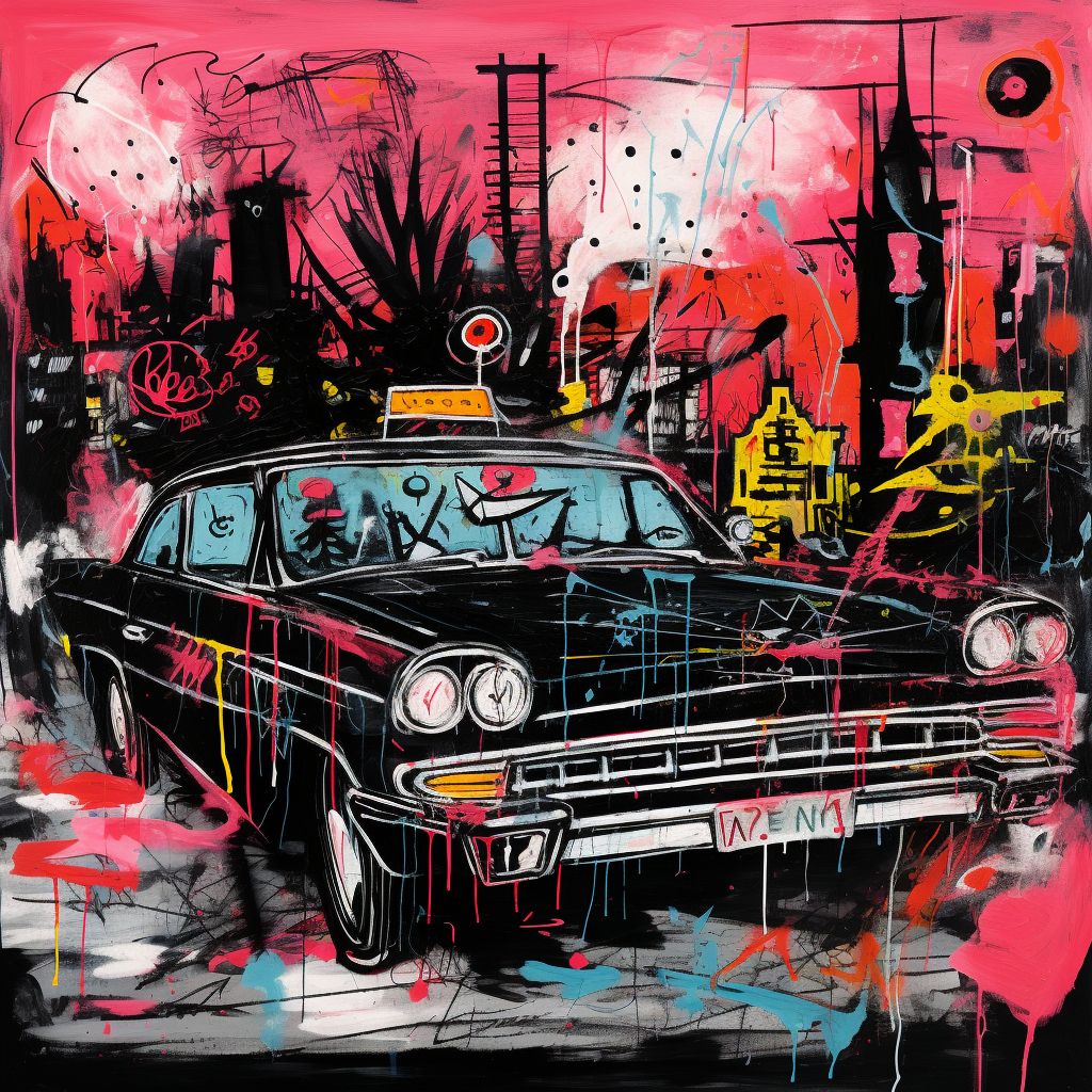 Abstract cityscape with hearse and red blots