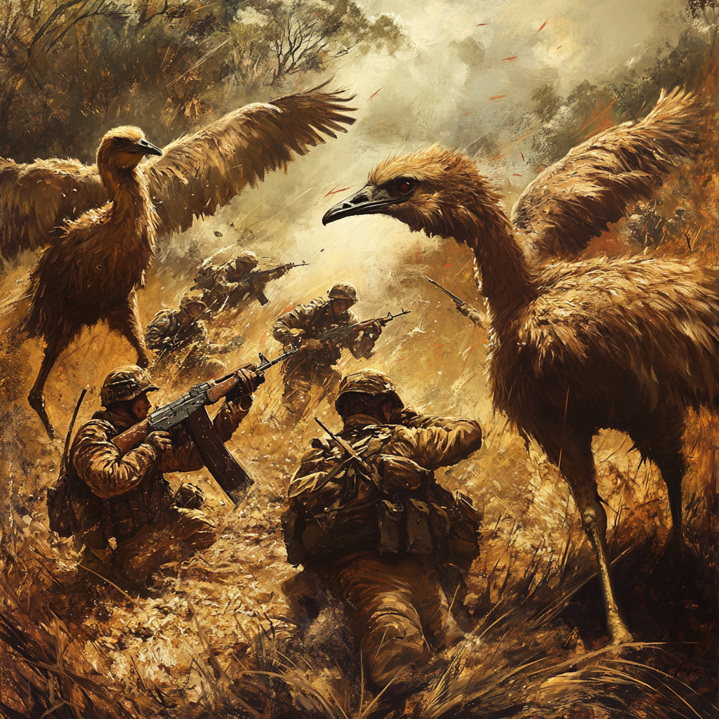 chaotic scene soldiers emus contrast