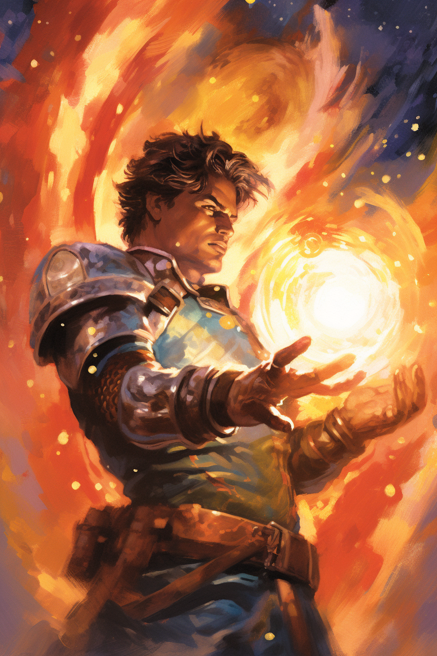 Character casting fiery fireball in space fantasy