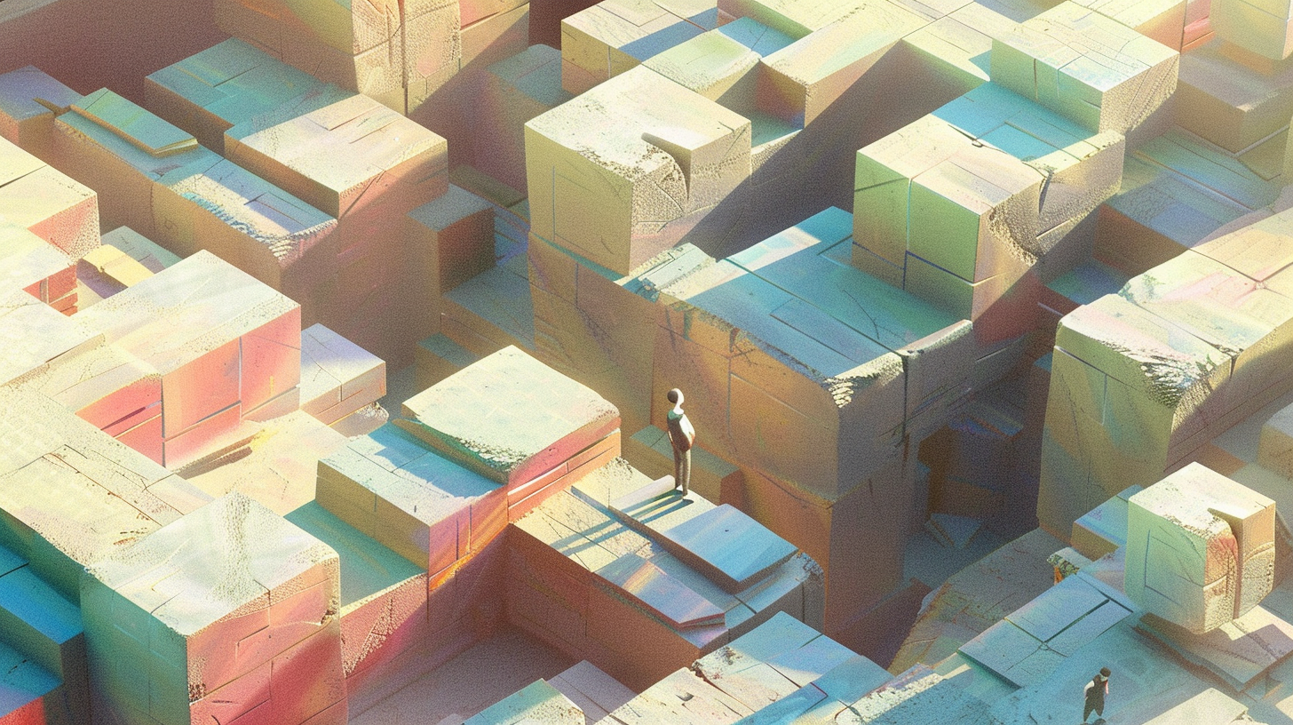 Character placing blocks in light colors